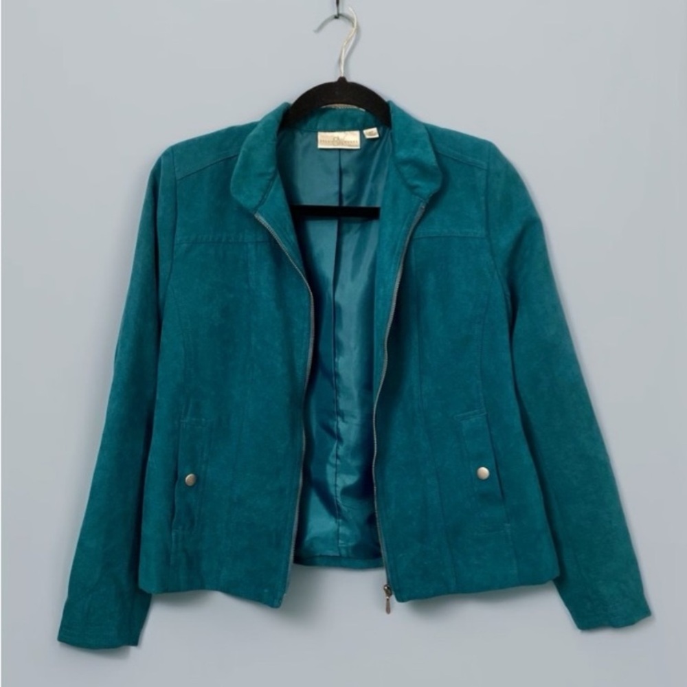 Studio Works Teal Faux Suede Women's Bomber Jacket Minimalist Timeless Chic